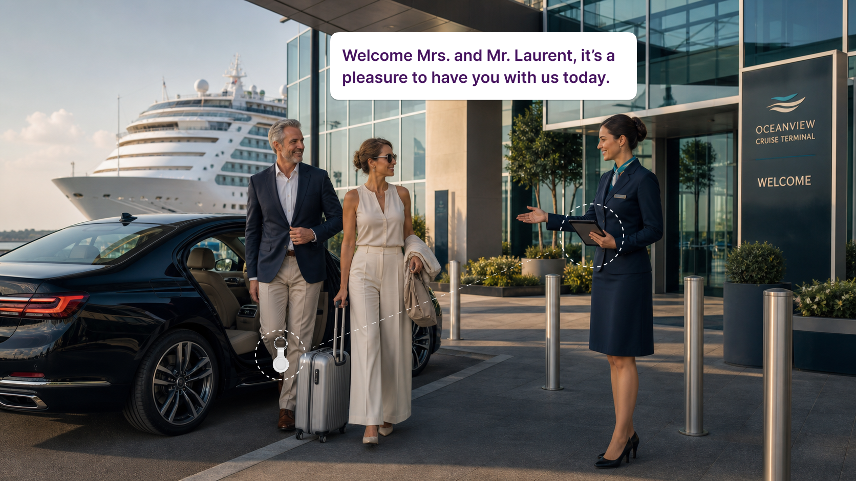 Guests with personal greeting at the terminal